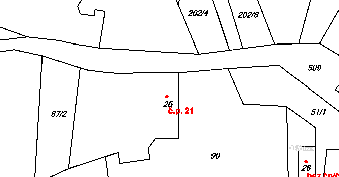 Miletín 21, Onomyšl na parcele st. 25 v KÚ Miletín u Onomyšle, Katastrální mapa