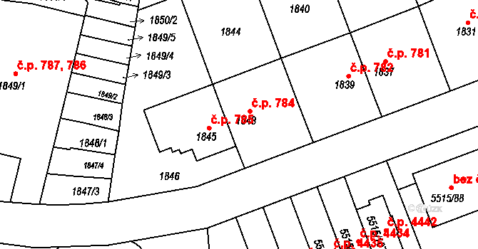 Jihlava 784 na parcele st. 1843 v KÚ Jihlava, Katastrální mapa