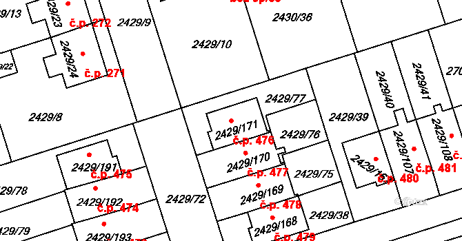 Dačice V 476, Dačice na parcele st. 2429/171 v KÚ Dačice, Katastrální mapa