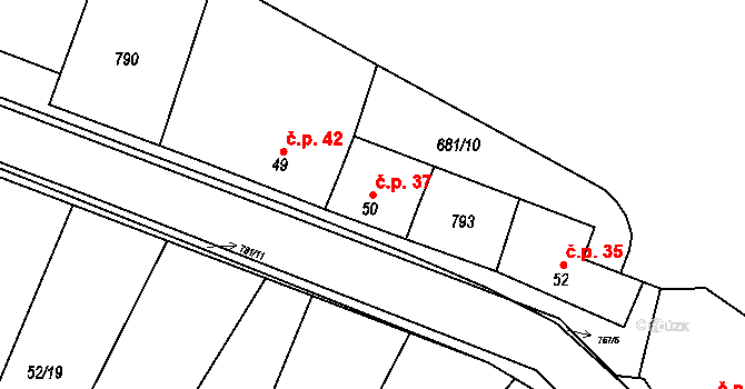 Strabenice 37, Litenčice na parcele st. 50 v KÚ Strabenice, Katastrální mapa