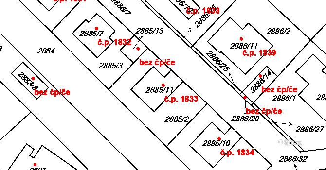Roudnice nad Labem 1833 na parcele st. 2885/11 v KÚ Roudnice nad Labem, Katastrální mapa