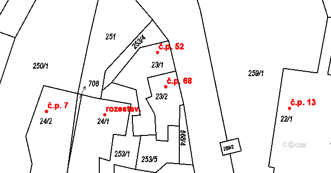 Sudoměřice u Bechyně 68 na parcele st. 23/2 v KÚ Sudoměřice u Bechyně, Katastrální mapa