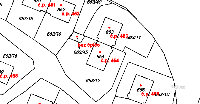 Milovice 454 na parcele st. 654 v KÚ Milovice nad Labem, Katastrální mapa