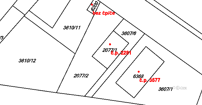 Břeclav 2281 na parcele st. 2077/1 v KÚ Břeclav, Katastrální mapa