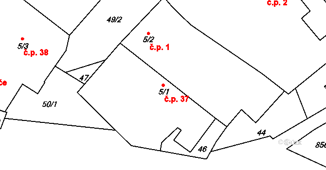Plevnice 37, Olešná na parcele st. 5/1 v KÚ Plevnice, Katastrální mapa