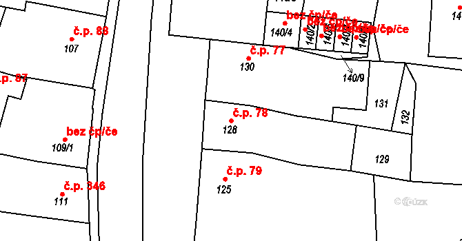 Hostomice 78 na parcele st. 128 v KÚ Hostomice pod Brdy, Katastrální mapa