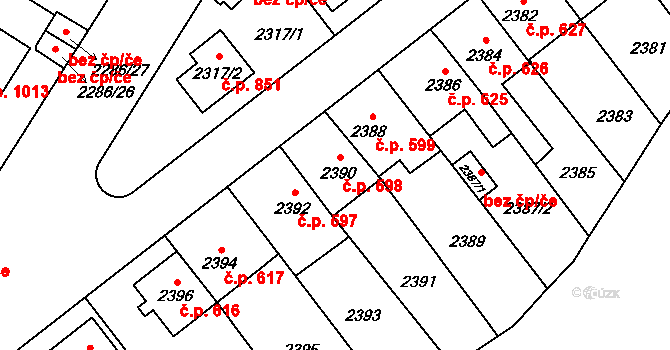 Radotín 598, Praha na parcele st. 2390 v KÚ Radotín, Katastrální mapa