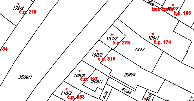 Lomnice nad Lužnicí 315 na parcele st. 108/2 v KÚ Lomnice nad Lužnicí, Katastrální mapa