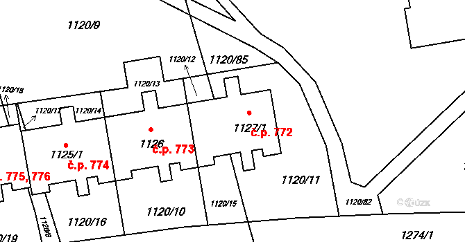 Háje 772,773,774, Praha na parcele st. 1127/1 v KÚ Háje, Katastrální mapa