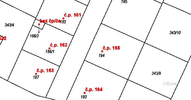 Stará Huť 165 na parcele st. 194 v KÚ Stará Huť, Katastrální mapa