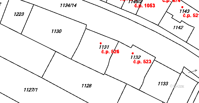 Mutěnice 526 na parcele st. 1131 v KÚ Mutěnice, Katastrální mapa