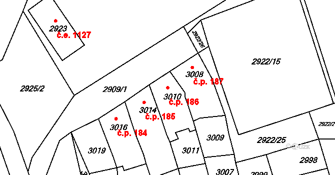 Jirkov 186 na parcele st. 3010 v KÚ Jirkov, Katastrální mapa