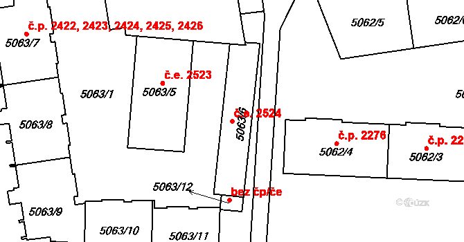 Východní Předměstí 2524, Plzeň na parcele st. 5063/6 v KÚ Plzeň, Katastrální mapa