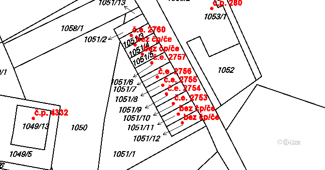 Vrkoslavice 2755, Jablonec nad Nisou na parcele st. 1051/8 v KÚ Vrkoslavice, Katastrální mapa
