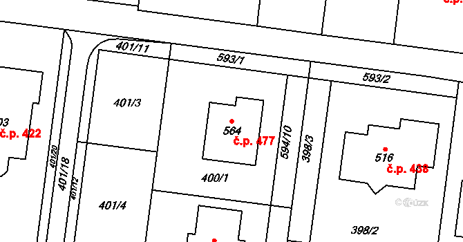 Čechovice 477, Prostějov na parcele st. 564 v KÚ Čechovice u Prostějova, Katastrální mapa