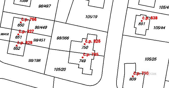 Bašť 825 na parcele st. 750 v KÚ Bašť, Katastrální mapa