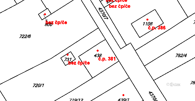 Horní Jiřetín 381 na parcele st. 438 v KÚ Horní Jiřetín, Katastrální mapa