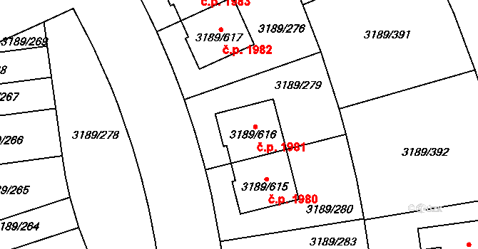 Roztoky 1981 na parcele st. 3189/616 v KÚ Žalov, Katastrální mapa