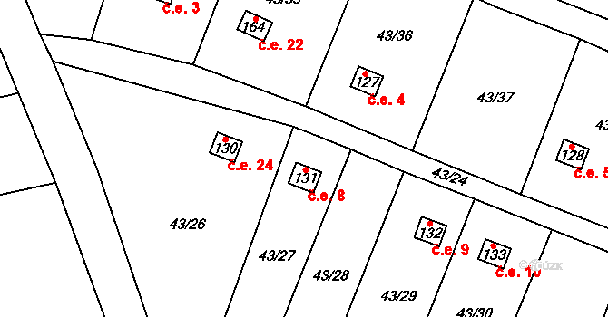 Kozomín 8 na parcele st. 131 v KÚ Kozomín, Katastrální mapa