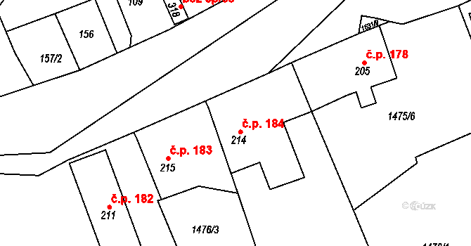 Mutěnín 184 na parcele st. 214 v KÚ Mutěnín, Katastrální mapa