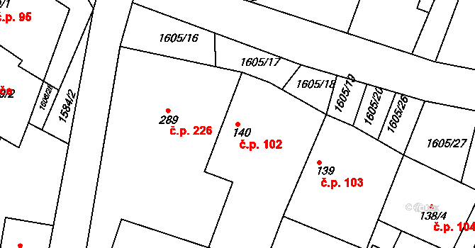 Horní Roveň 102, Dolní Roveň na parcele st. 140 v KÚ Horní Roveň, Katastrální mapa