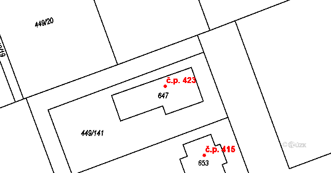 Merklín 423 na parcele st. 647 v KÚ Merklín u Přeštic, Katastrální mapa