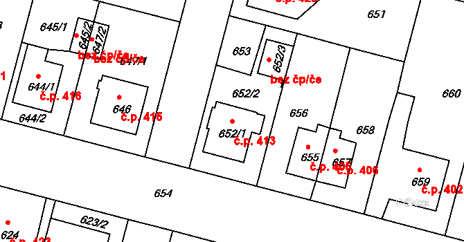 Kamenice nad Lipou 413 na parcele st. 652/1 v KÚ Kamenice nad Lipou, Katastrální mapa