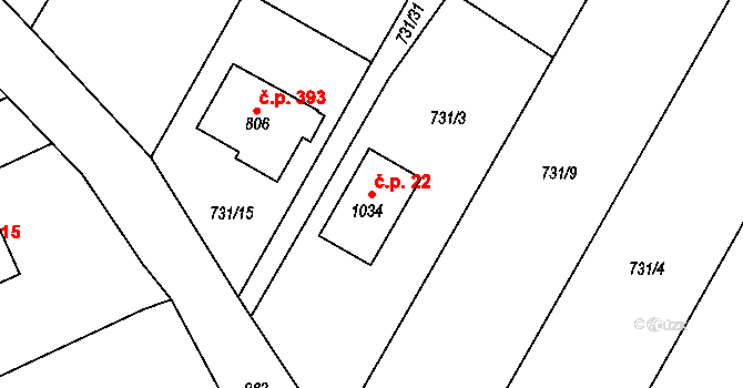 Hrubý Rohozec 22, Turnov na parcele st. 1034 v KÚ Daliměřice, Katastrální mapa