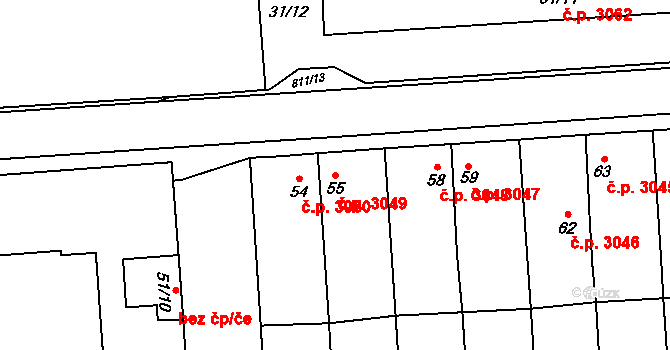 Znojmo 3049 na parcele st. 55 v KÚ Znojmo-Louka, Katastrální mapa