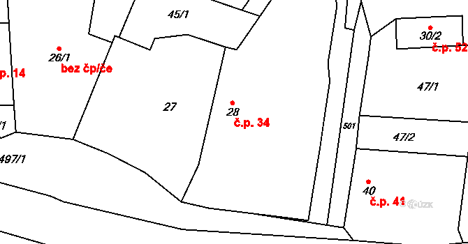 Želivec 34, Zruč nad Sázavou na parcele st. 28 v KÚ Želivec, Katastrální mapa