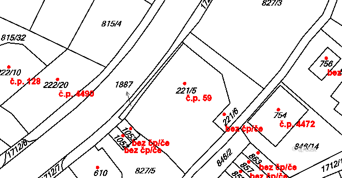 Jablonecké Paseky 59, Jablonec nad Nisou na parcele st. 221/5 v KÚ Jablonecké Paseky, Katastrální mapa