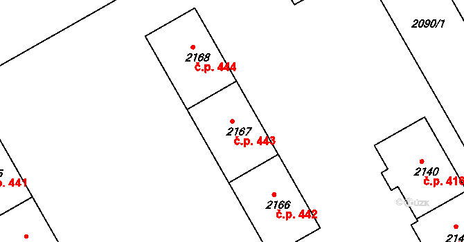 Lyžbice 443, Třinec na parcele st. 2167 v KÚ Lyžbice, Katastrální mapa