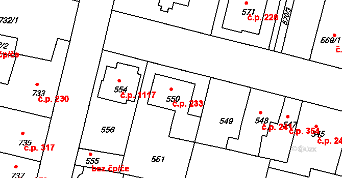 Čelákovice 233 na parcele st. 550 v KÚ Čelákovice, Katastrální mapa