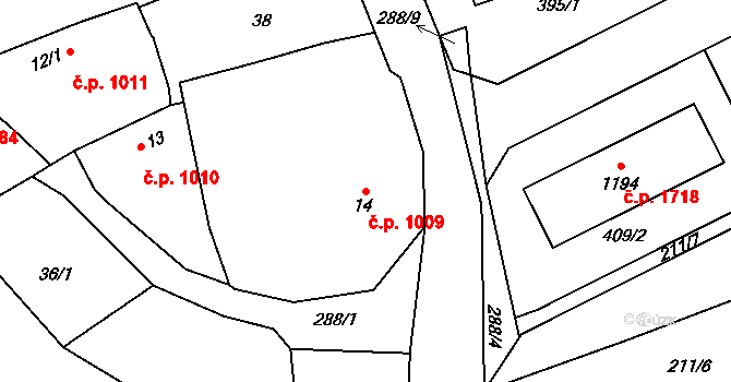 Švermov 1009, Kladno na parcele st. 14 v KÚ Hnidousy, Katastrální mapa