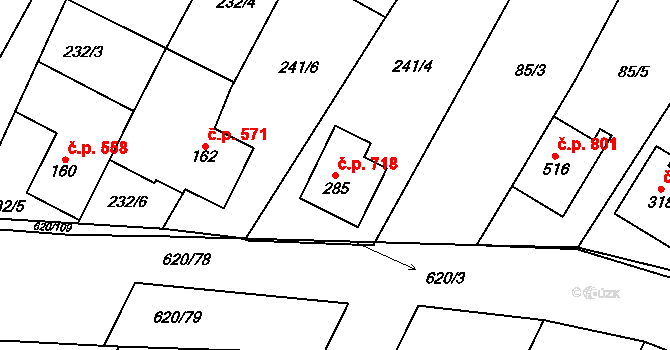 Chvalčov 718 na parcele st. 285 v KÚ Chvalčova Lhota, Katastrální mapa