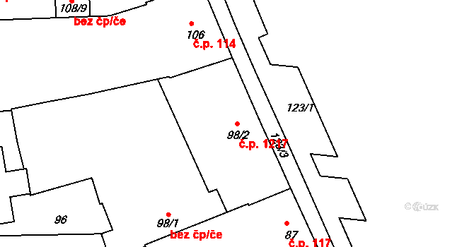 Hulín 1217 na parcele st. 98/2 v KÚ Hulín, Katastrální mapa