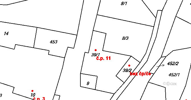 Lounky 11, Chodouny na parcele st. 39/1 v KÚ Lounky, Katastrální mapa