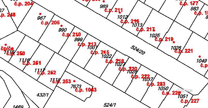 Stařečka 218, Třebíč na parcele st. 1022 v KÚ Třebíč, Katastrální mapa