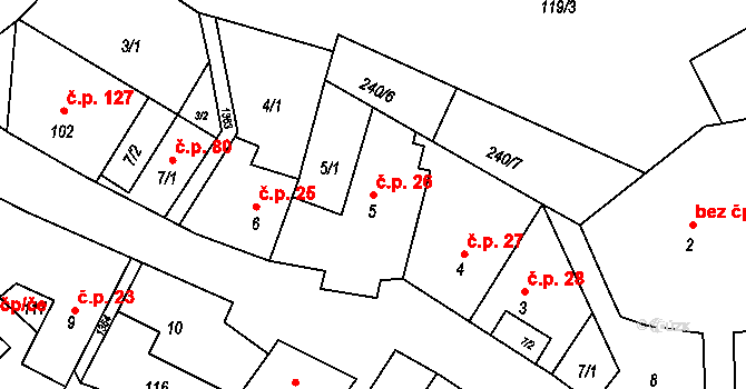 Libořice 26 na parcele st. 5 v KÚ Libořice, Katastrální mapa