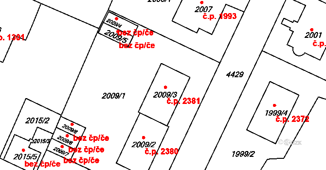 Teplice 2381 na parcele st. 2009/3 v KÚ Teplice, Katastrální mapa