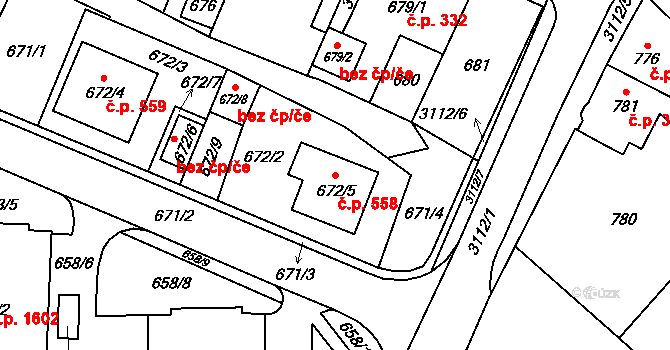 Místek 558, Frýdek-Místek na parcele st. 672/5 v KÚ Místek, Katastrální mapa