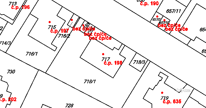 Podolí 198, Praha na parcele st. 717 v KÚ Podolí, Katastrální mapa
