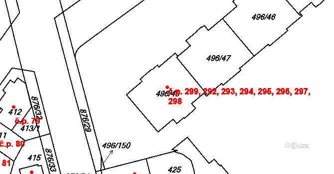 Střížkov 292,293,294,295,296,, Praha na parcele st. 496/48 v KÚ Střížkov, Katastrální mapa