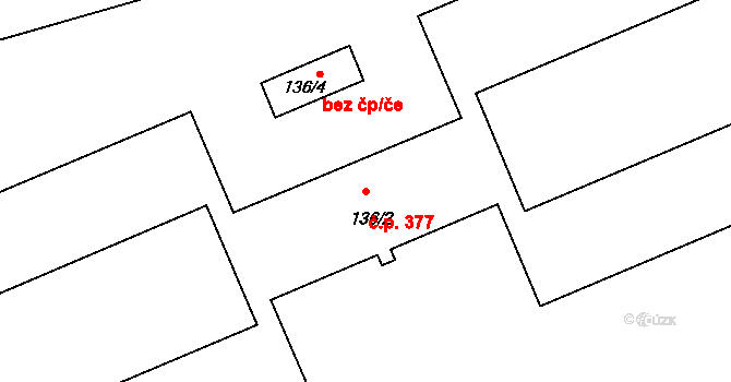 Hrdlořezy 377, Praha na parcele st. 136/2 v KÚ Hrdlořezy, Katastrální mapa