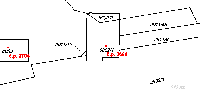 Hodonín 3686 na parcele st. 6802/1 v KÚ Hodonín, Katastrální mapa