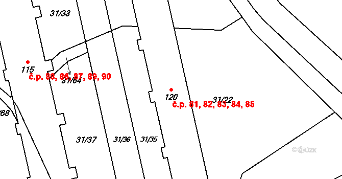 Klášterní Hradisko 81,82,83,84,85, Olomouc na parcele st. 120 v KÚ Klášterní Hradisko, Katastrální mapa