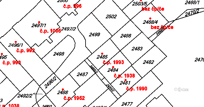 Chomutov 1993 na parcele st. 2485 v KÚ Chomutov I, Katastrální mapa