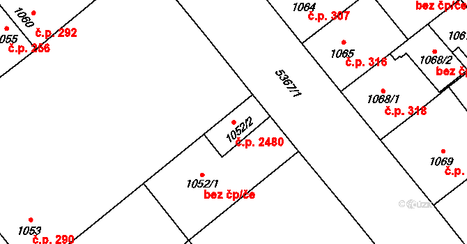 Východní Předměstí 2480, Plzeň na parcele st. 1052/2 v KÚ Plzeň, Katastrální mapa