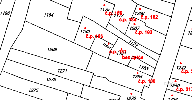 Pozořice 187 na parcele st. 1182/1 v KÚ Pozořice, Katastrální mapa