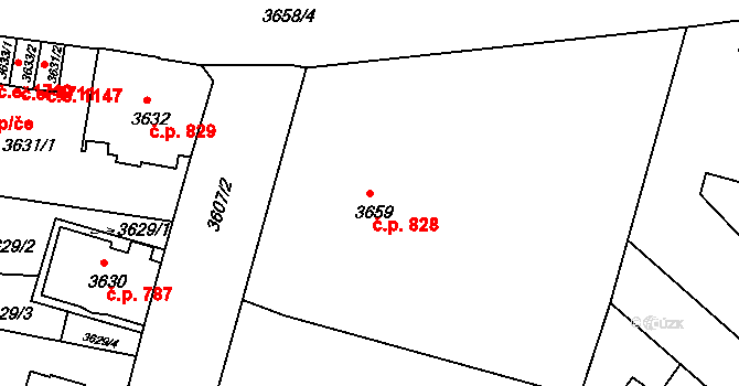 Děčín V-Rozbělesy 828, Děčín na parcele st. 3659 v KÚ Podmokly, Katastrální mapa